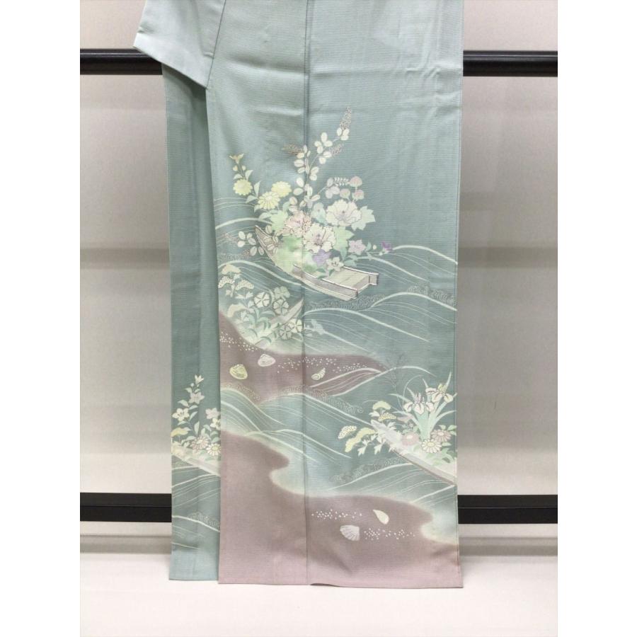 着物 訪問着 夏訪問着 良好 中古 花柄 水色 正絹 裄66cm レディース 