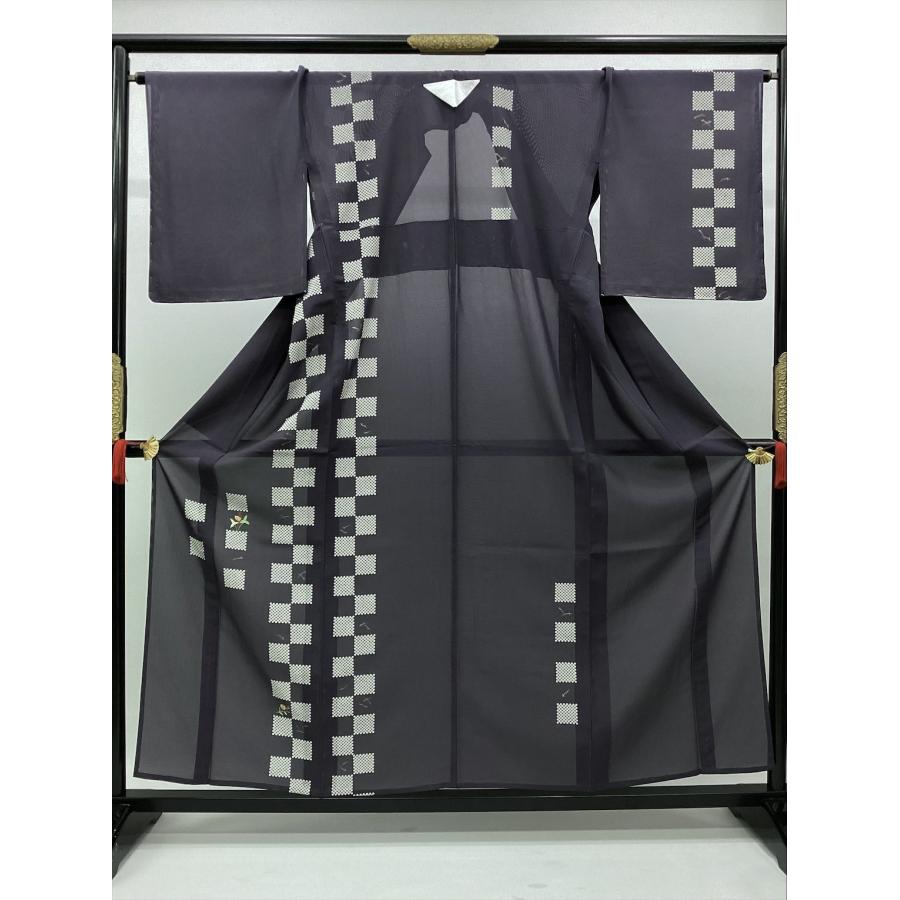 絽訪問着 縫一ッ紋入 夏着物 着物 訪問着 中古 市松 灰紫 正絹 裄68cm 