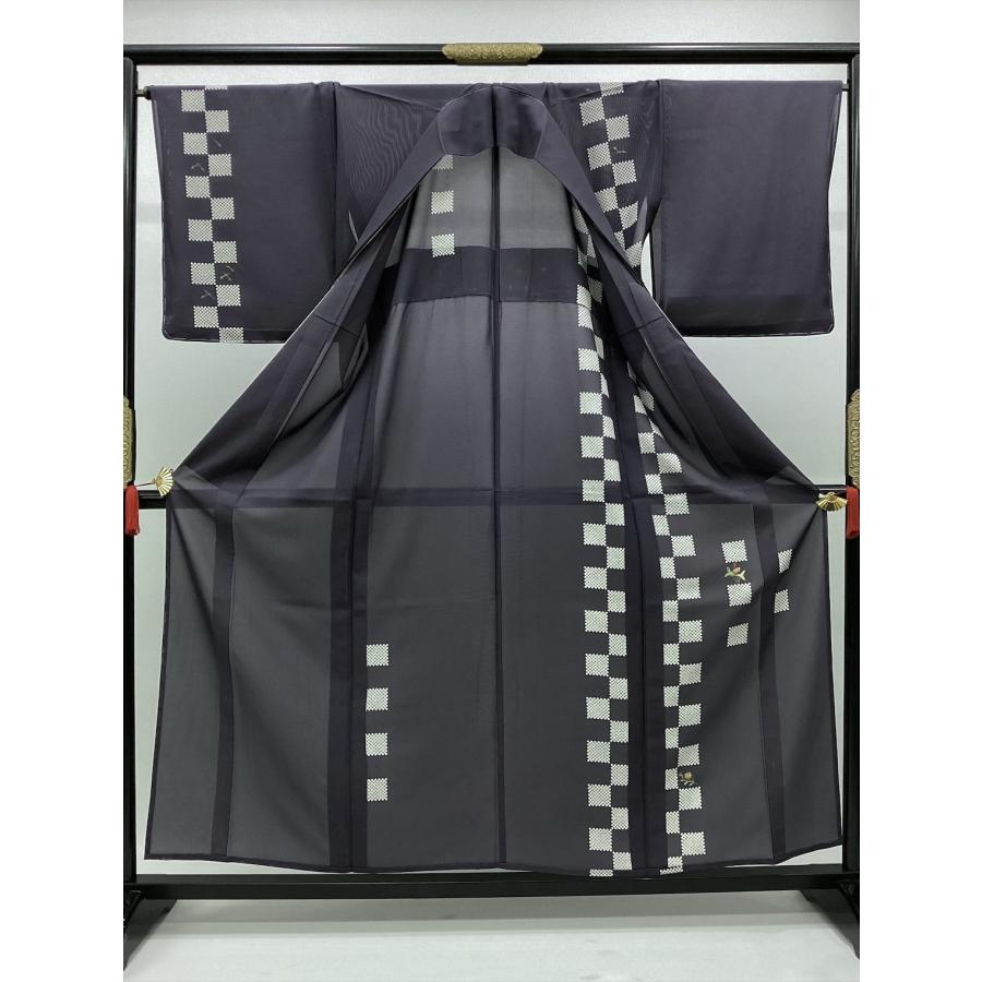 絽訪問着 縫一ッ紋入 夏着物 着物 訪問着 中古 市松 灰紫 正絹 裄68cm 