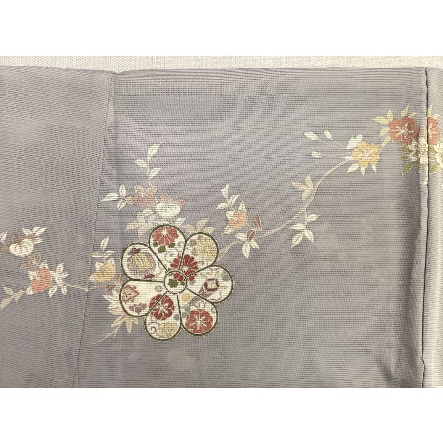 絽訪問着 久保耕謹製 夏着物 着物 訪問着 中古 霞 草花 ブルーグレー