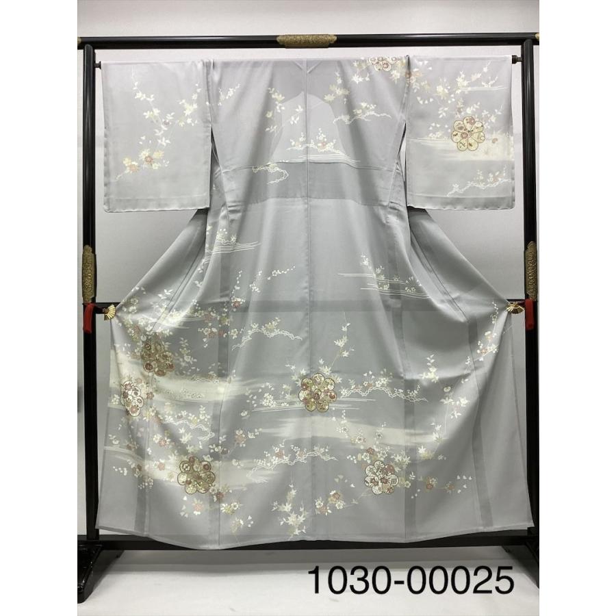 絽訪問着 久保耕謹製 夏着物 着物 訪問着 中古 霞 草花 ブルーグレー
