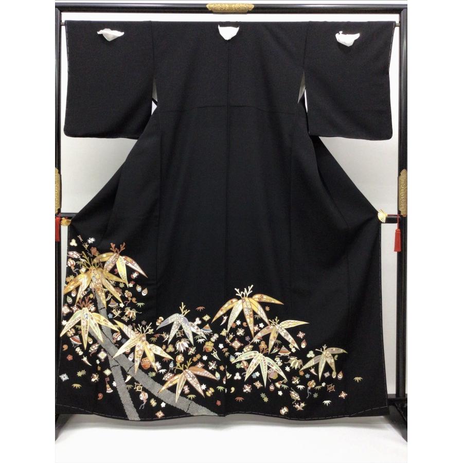 着物 留袖 吉澤友禅 黒留袖 未使用 中古 竹 宝尽くし 黒 正絹 裄66.5cm 