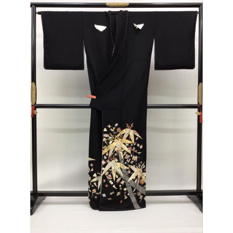 着物 留袖 吉澤友禅 黒留袖 未使用 中古 竹 宝尽くし 黒 正絹 裄