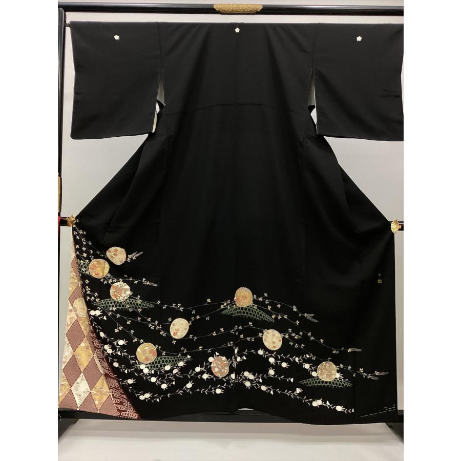 着物 留袖 黒留袖 未使用 中古 花丸文 籠目 黒 正絹 裄66cm レディース 