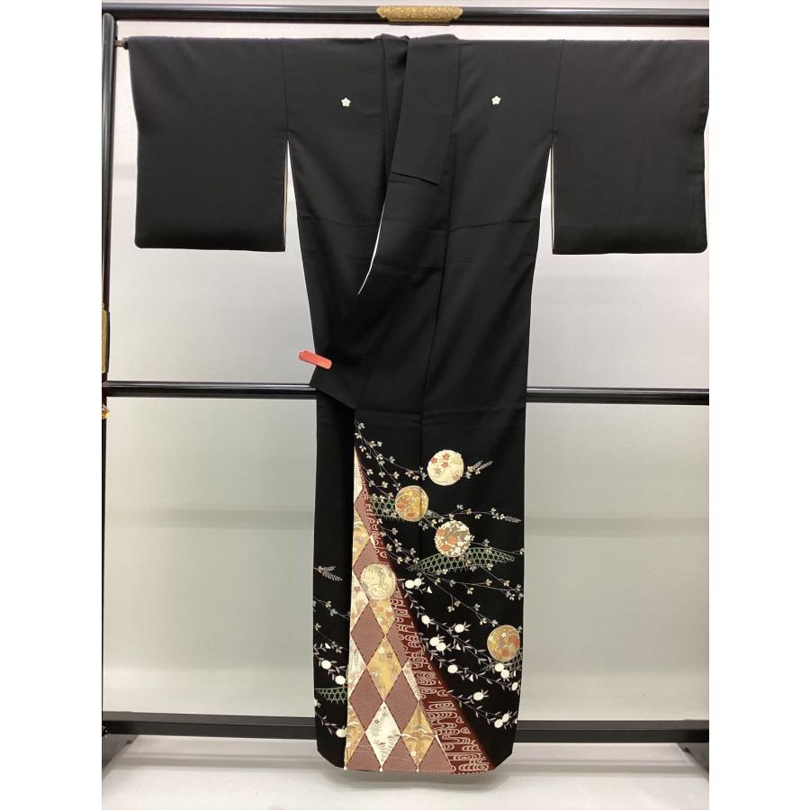 着物 留袖 黒留袖 未使用 中古 花丸文 籠目 黒 正絹 裄66cm レディース 
