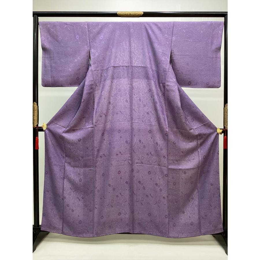着物 小紋 良好 中古 花柄 紫 正絹 裄67cm レディース 女性 和服 30代 
