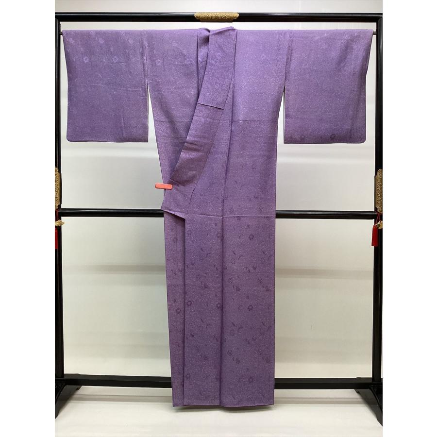 着物 小紋 良好 中古 花柄 紫 正絹 裄67cm レディース 女性 和服 30代 