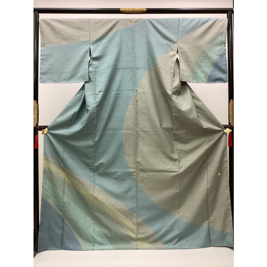 着物 訪問着 牛首紬訪問着 良好 中古 柄物 グレー 水色 正絹 裄68cm 