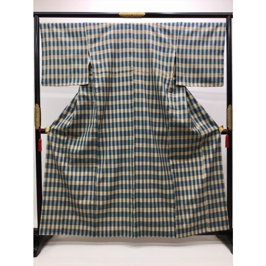 着物 単衣 伊兵衛織きもの 中古 格子柄 ネイビー 正絹 裄68cm