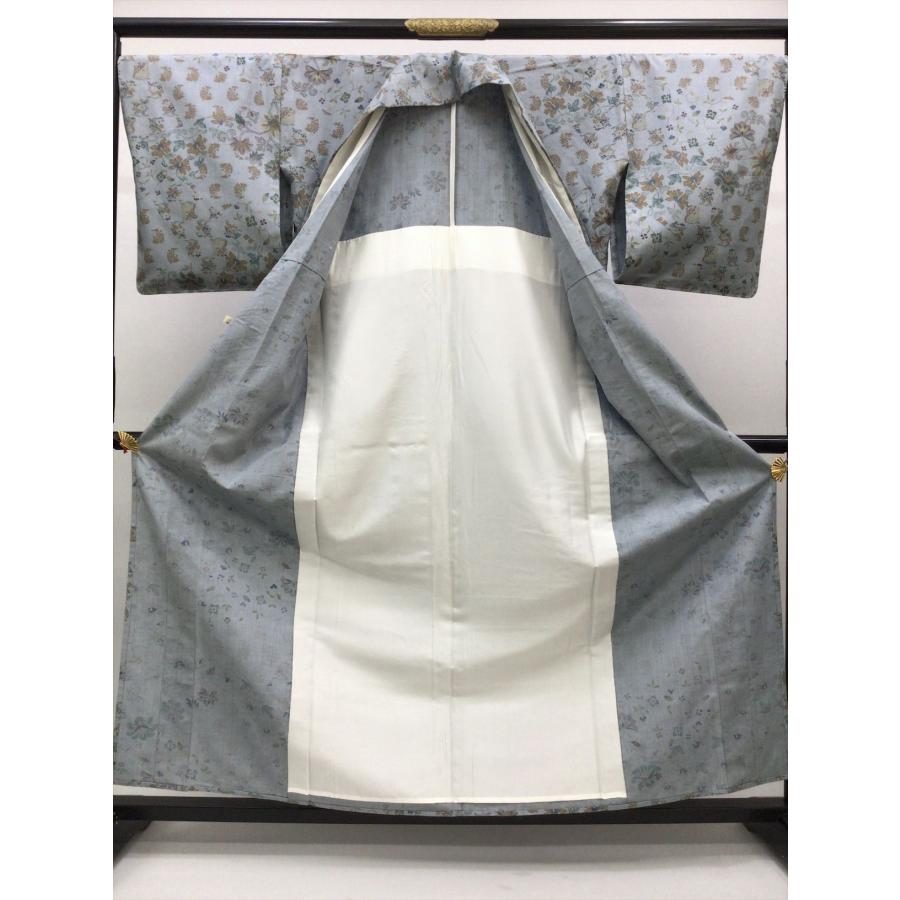 【未使用品】正絹の光沢‼️花唐草縞　紬　単衣　正絹　ストライプ 着物 単衣 単衣染め紬 未使用 中古 更紗柄 正絹 裄68cm レディース