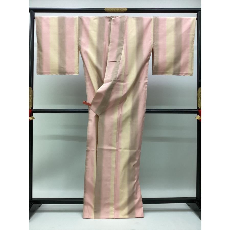 単衣紬 未使用 中古 正絹 縞 ピンク ベージュ 裄70cm 単衣 着物 