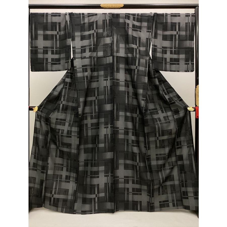 夏お召 着物 夏着物 未使用 中古 正絹 裄70cm 格子 黒 レディース 女性 