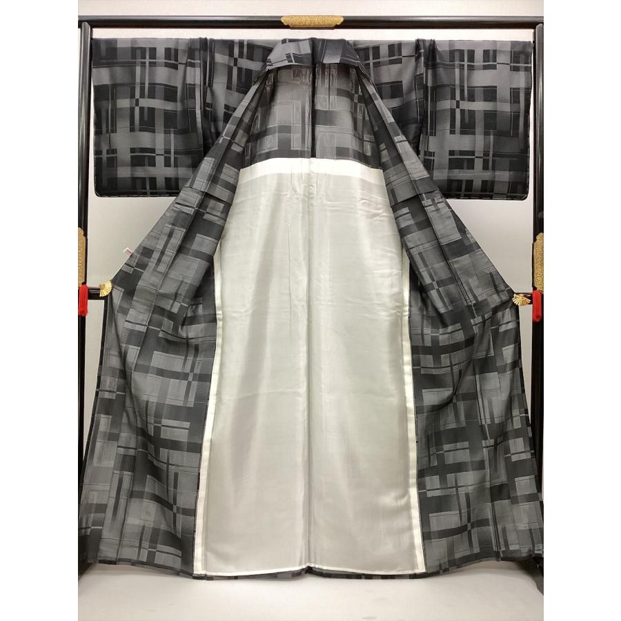 夏お召 着物 夏着物 未使用 中古 正絹 裄70cm 格子 黒 レディース 女性 
