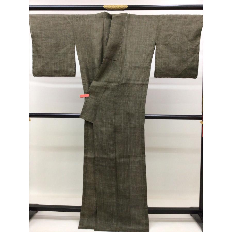 着物 夏着物 越後上布きもの 夏 良好 中古 無地 グレー 麻 裄68cm
