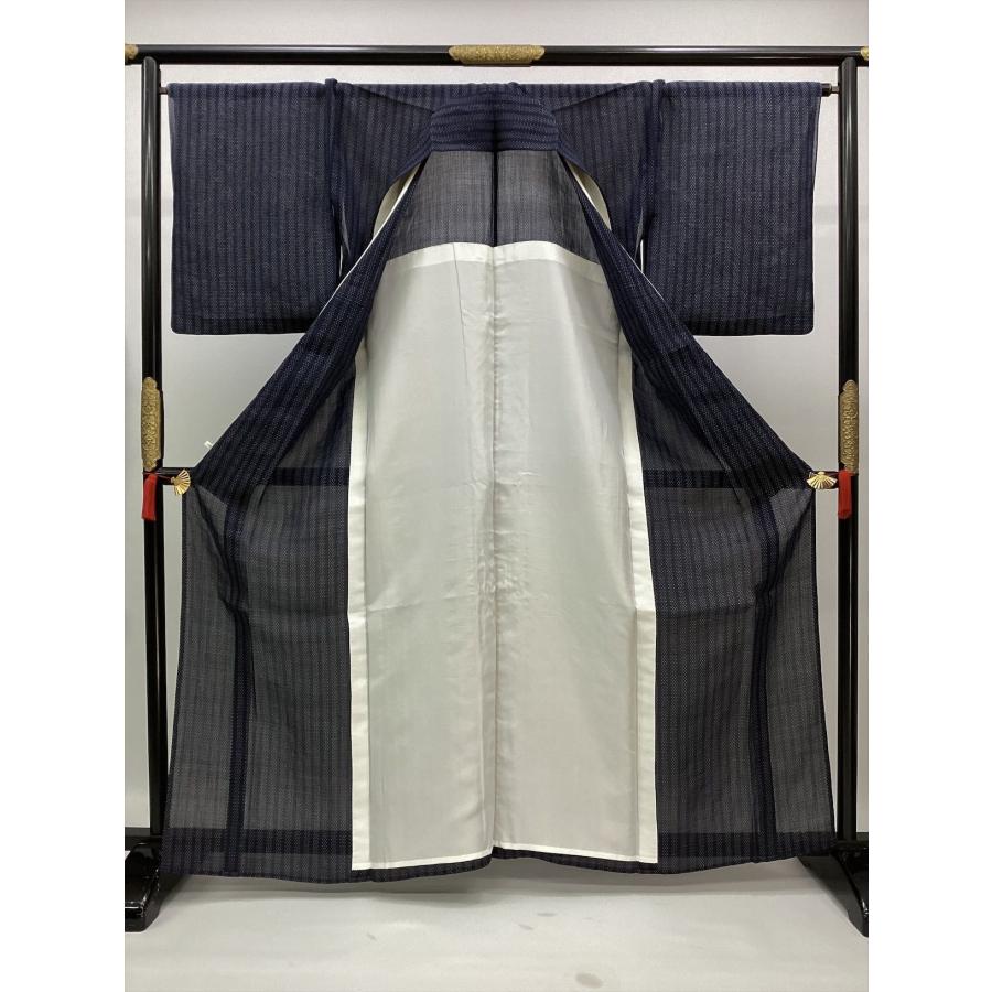 越後上布きもの 麻きもの 夏着物 麻 良品 縞 紺 裄68cm 中古