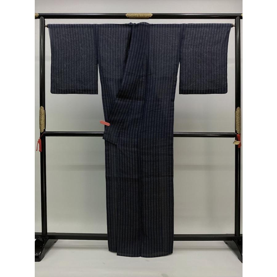 越後上布きもの 麻きもの 夏着物 麻 良品 縞 紺 裄68cm 中古