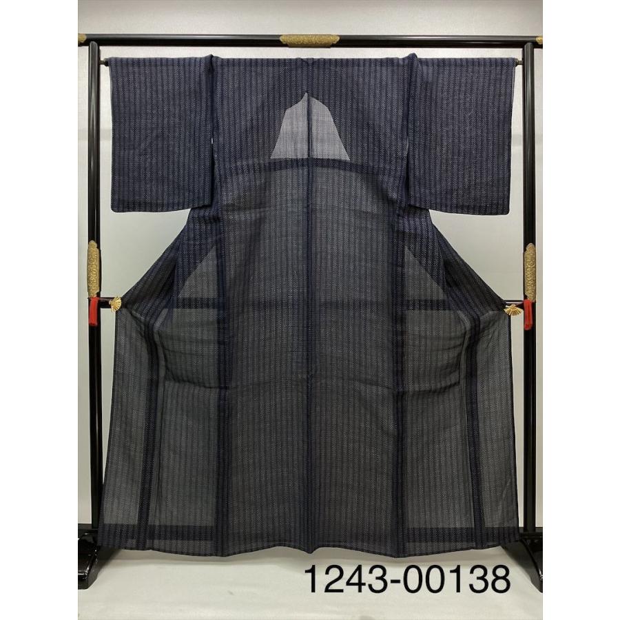 越後上布きもの 麻きもの 夏着物 麻 良品 縞 紺 裄68cm 中古