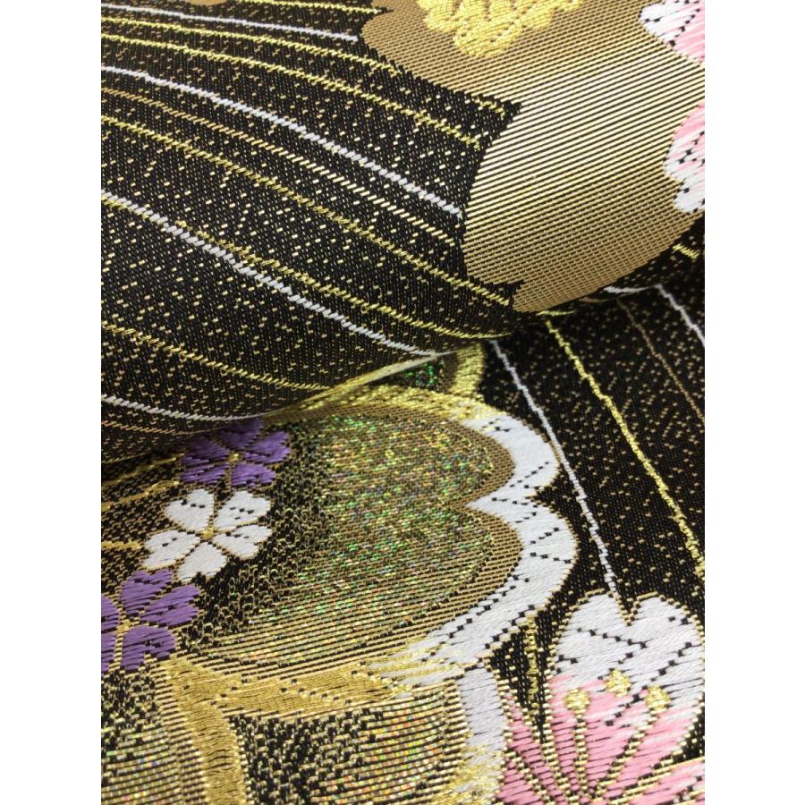 帯 袋帯 振袖向き 良好 中古 花柄 黒 正絹 レディース 女性 着物 30代 