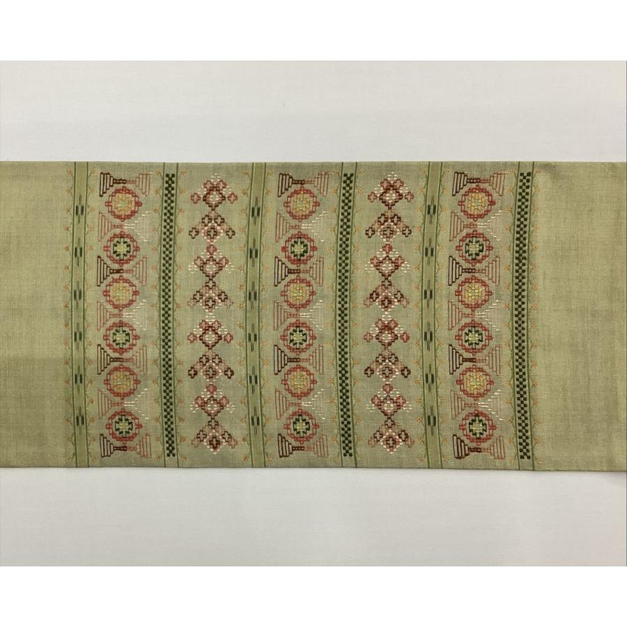 花織紬名古屋帯 帯 名古屋帯 未使用品 グリーン系 中古 正絹 