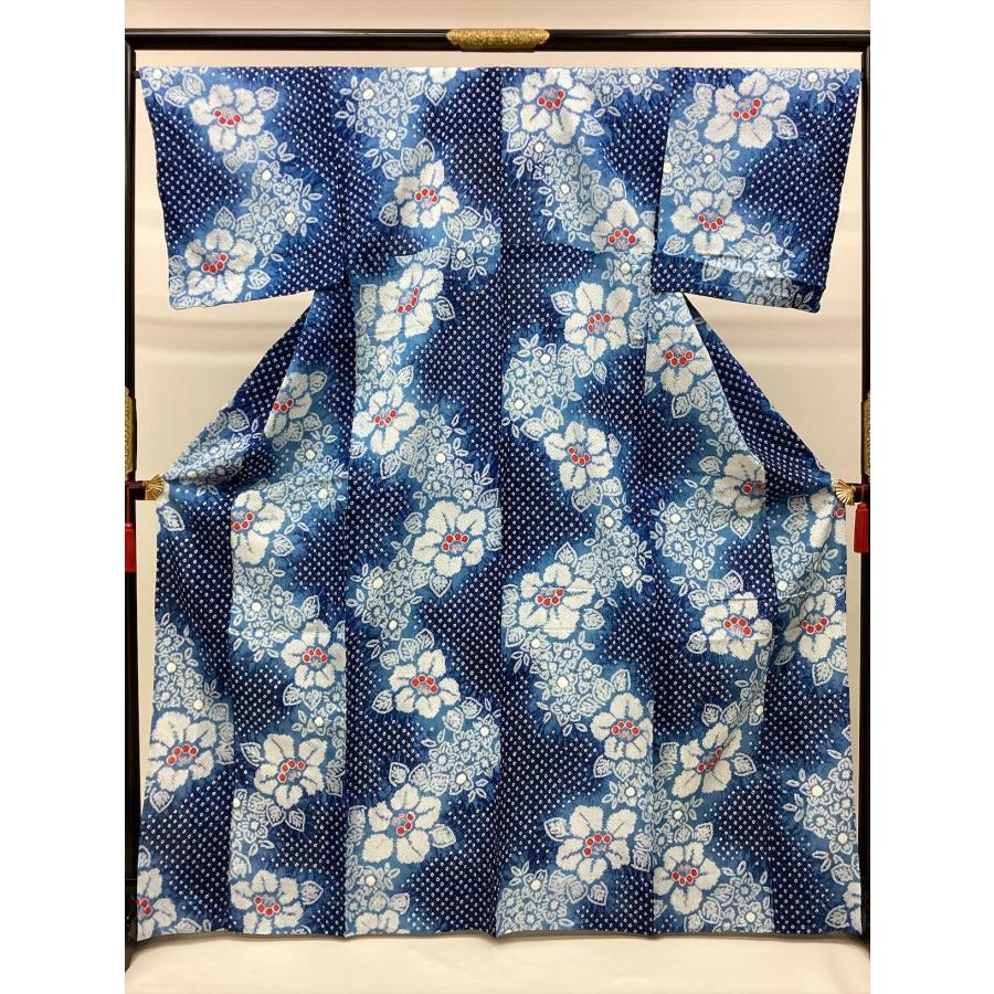 着物 浴衣 絞りゆかた 中古 夏 花柄 ネイビー 綿 裄67cm レディース