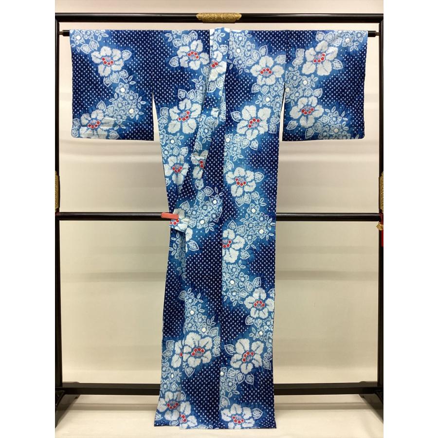 着物 浴衣 絞りゆかた 中古 夏 花柄 ネイビー 綿 裄67cm レディース