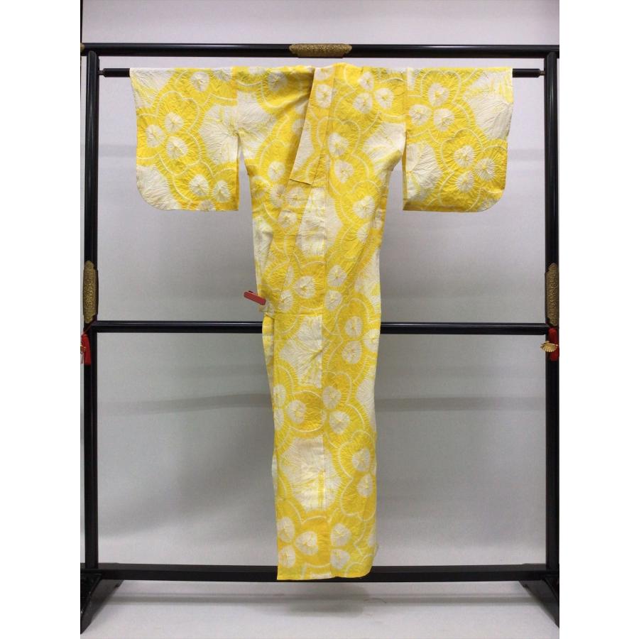 絞り浴衣 浴衣 夏 着物 中古 柄物 黄 綿 裄64.5cm レディース 女性