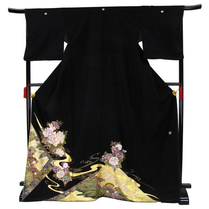 黒留め袖 中古） 黒留袖 黒 フォーマル 金彩 刺繍 花鳥 袷 絹 【身丈】150cm【裄