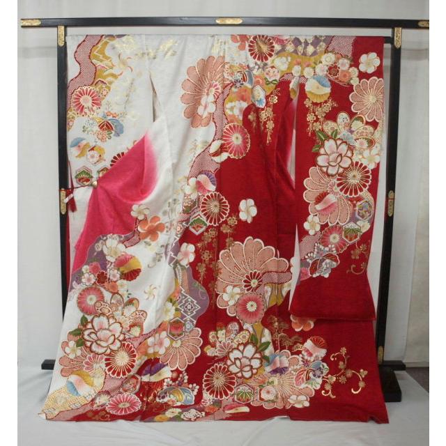 大幅値下げ 0498 未仕立て 正絹京友禅振袖 白/赤 桐・菊・桜・梅・藤
