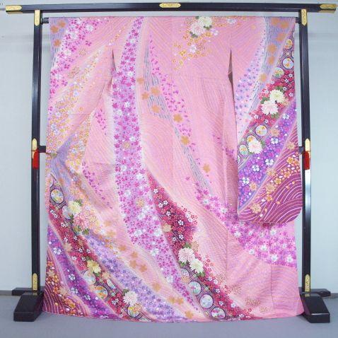 美品 十日町紬フルセット 正絹 ピンク 花柄 すぐ着れる 上品コーデ
