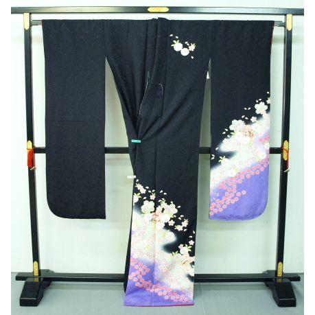 御仕立て上がり 京友禅正絹振袖 466 黒地花柄