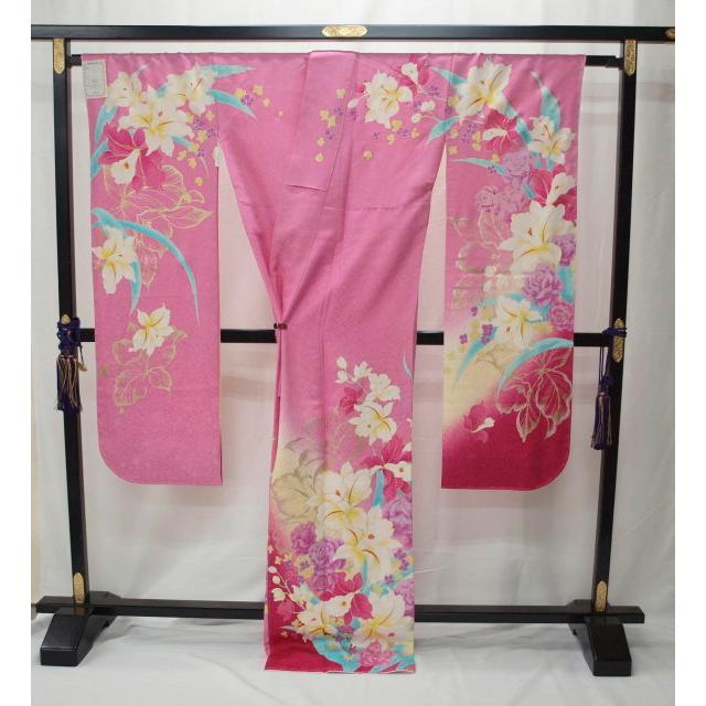 御仕立て上がり 0436 京友禅正絹振袖 ピンク 紋意匠 花柄 : きもの 遊