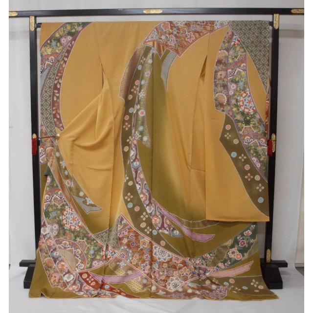 大幅値下げ 0510 未仕立て 正絹京友禅振袖 黄土色 熨斗 華文 : きもの 