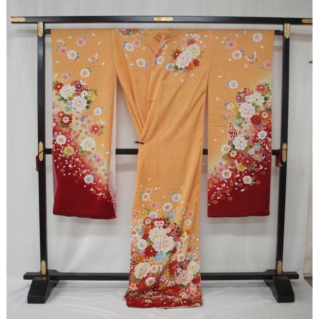 未仕立て 0532 正絹京友禅振袖 山吹色/赤 花 : きもの 遊着苑 - 通販 
