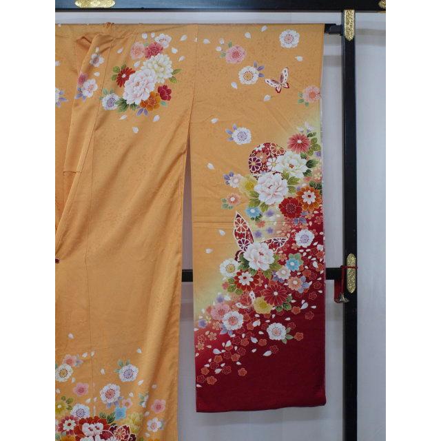 未仕立て 0532 正絹京友禅振袖 山吹色/赤 花 : きもの 遊着苑 - 通販 