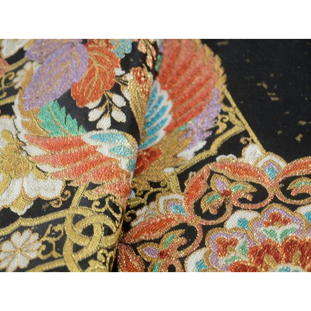お仕立て上がり 1517 振袖・礼装用袋帯 本金蒔絵箔 亀甲花鳥華文 黒 