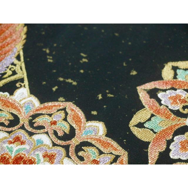 お仕立て上がり 1517 振袖・礼装用袋帯 本金蒔絵箔 亀甲花鳥華文 黒 