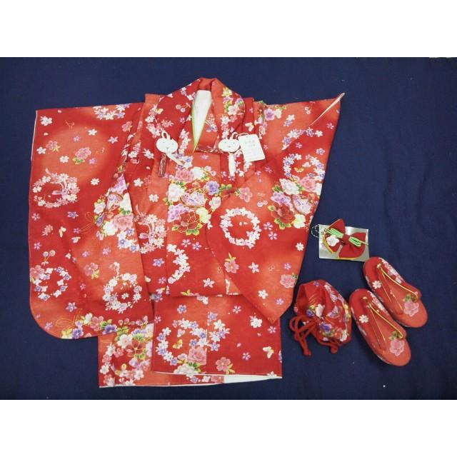 新品 七五三 三歳お祝い着 被布コート ポリエステル 日本製 和装 着物 七五三 30456 お祝い三歳被布コートセット 赤 花の丸・鈴 : きもの 遊