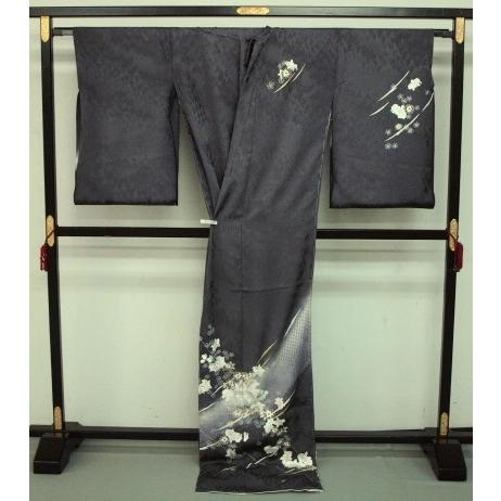 特選　お仕立て上がり　汕頭刺繍訪問着　濃グレー　カトレア　1341　＜手縫い＞の画像