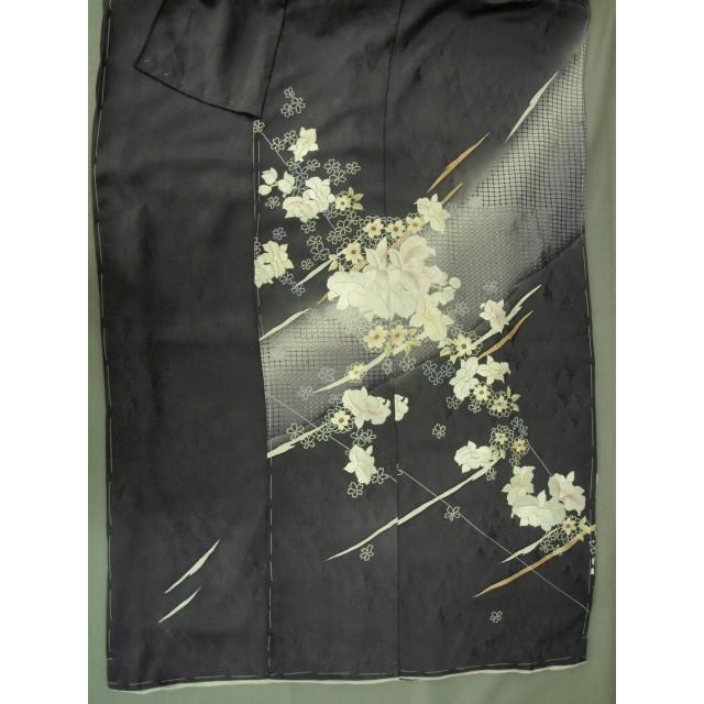 特選　お仕立て上がり　汕頭刺繍訪問着　濃グレー　カトレア　1341　＜手縫い＞の画像
