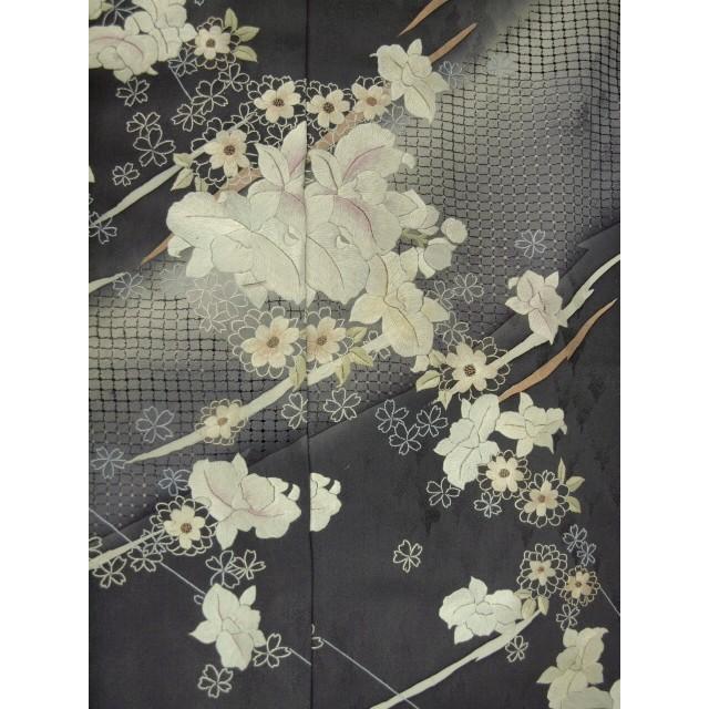 特選　お仕立て上がり　汕頭刺繍訪問着　濃グレー　カトレア　1341　＜手縫い＞の画像