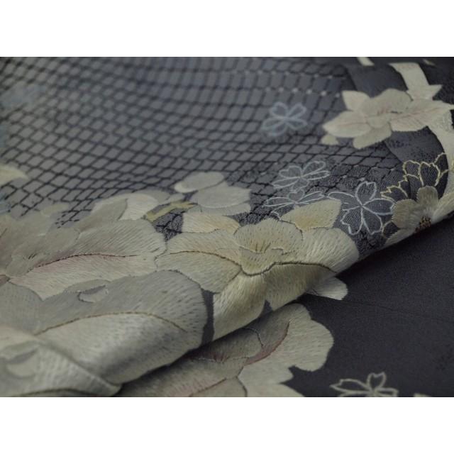 特選　お仕立て上がり　汕頭刺繍訪問着　濃グレー　カトレア　1341　＜手縫い＞の画像