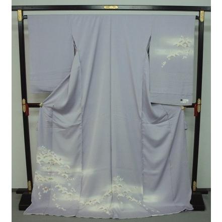 訪問着 木々に花模様 縮緬 薄深川鼠色 ガード加工 金彩 K-5350 銀座【B-4288】縮緬地 付下げ 淡い深川鼠色 吹寄せ文:身丈151/裄64