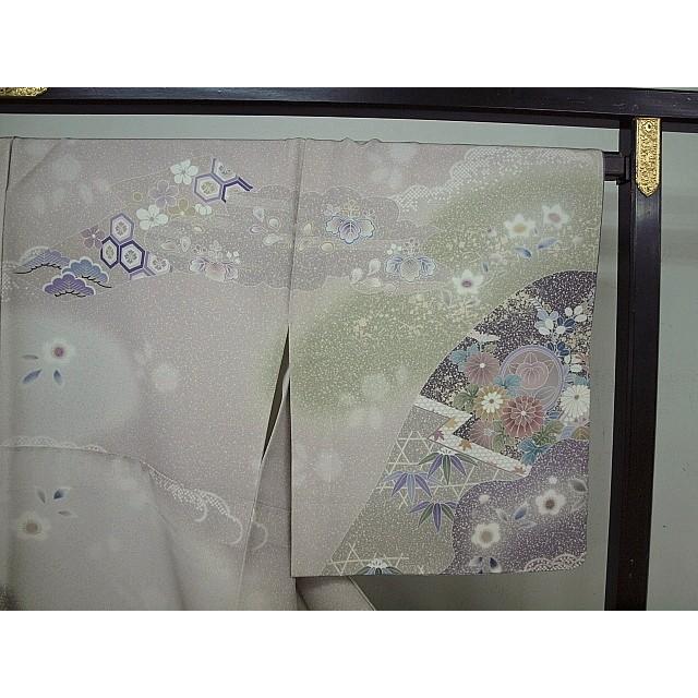 正絹手縫い訪問着　1412　高級タイシルク地使用　藤鼠色系ぼかし　四季草花の画像