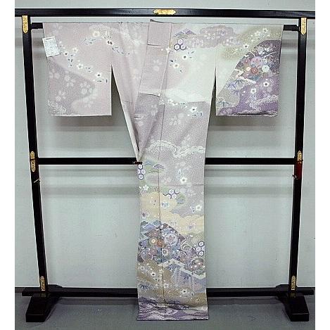 正絹手縫い訪問着　1412　高級タイシルク地使用　藤鼠色系ぼかし　四季草花の画像