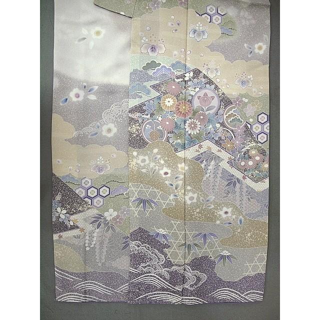 正絹手縫い訪問着　1412　高級タイシルク地使用　藤鼠色系ぼかし　四季草花の画像