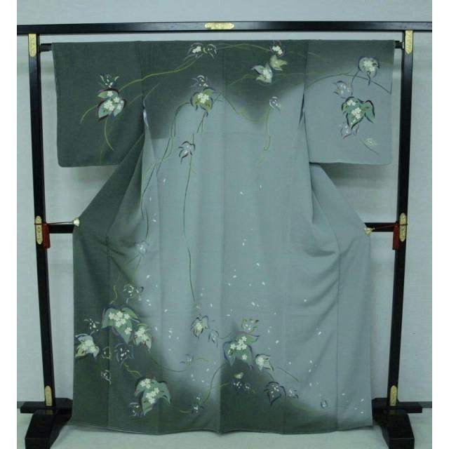 正絹袷訪問着　1496　モスグリーン系　草花　大幅値下げ　お仕立て上がり
