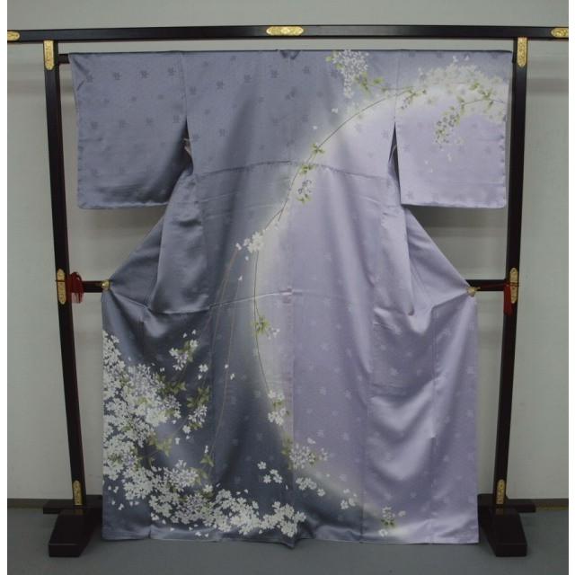 お仕立て上がり 正絹 　手縫い訪問着　袷　1523　グレー・藤色　しだれ桜柄Mサイズ