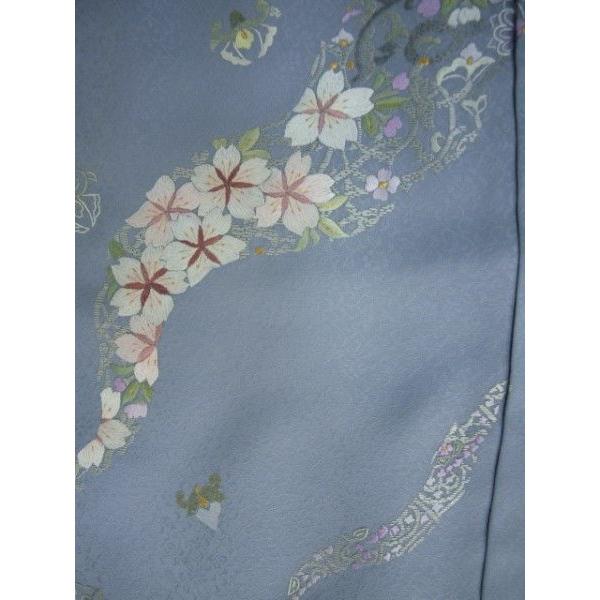 山口美術織物 0766 正絹訪問着 未仕立て ブルーグレー 花刺繍 : きもの