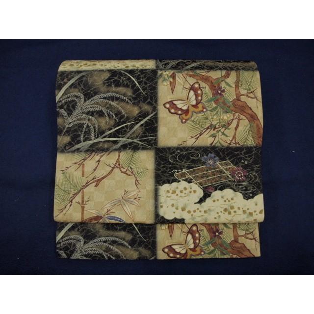 正絹西陣紬 御仕立て上がり 1362 西陣 小紋・紬用正絹袋帯 全通 黒/薄黄土 市松