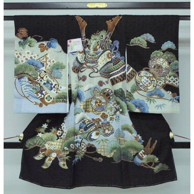 新品　0006　セール！お宮参り　正絹祝い着　男の子用熨斗目　黒/水色　兜・龍・宝尽くし柄　兜柄